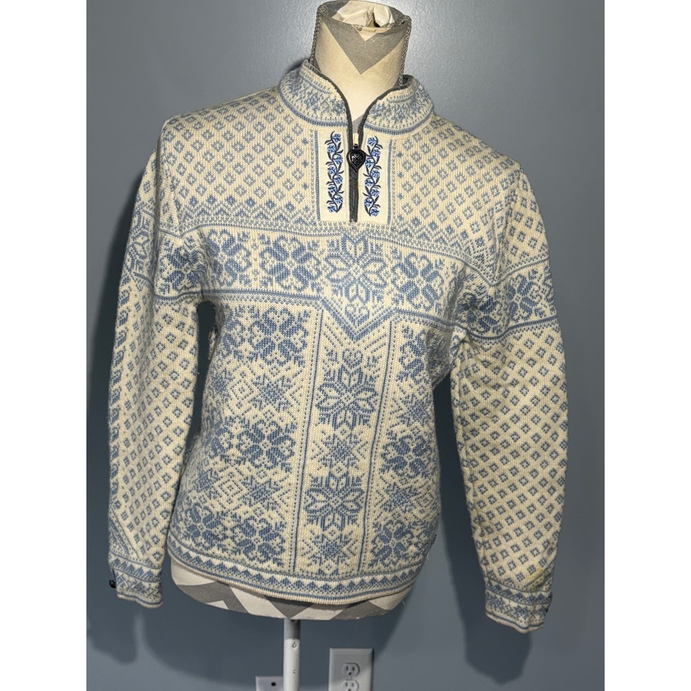 Dale of Norway Olympic Wool Sweater Blue Cream Nordic Snowflake Quarter Zip